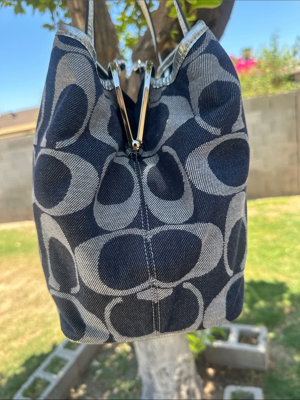 Coach Navy and Metallic Gold Signature Tote